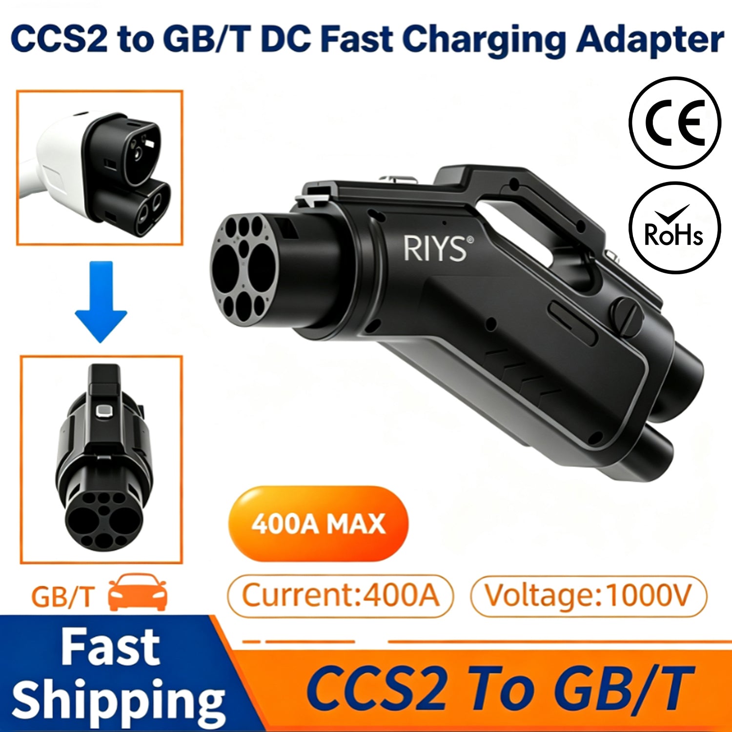 RIYS CCS2‑to‑GB/T DC Adapter 400A for Chinese EV Cars