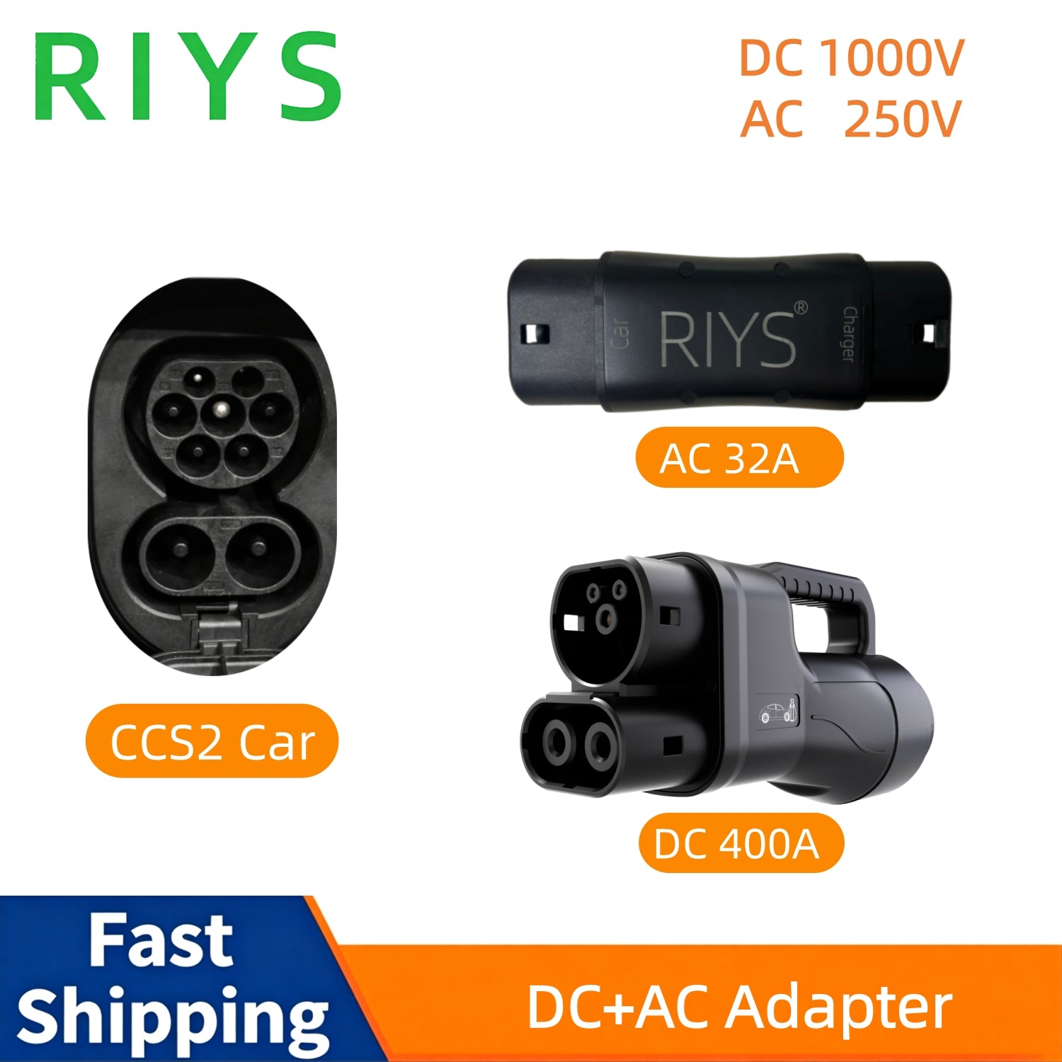 RIYS GBT op CCS2 Adapter DC 400A Max fir Elektroautoen