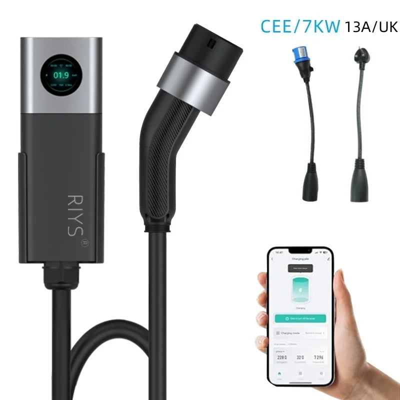 RIYS Portable Electric Vehicle Charger Type 2 32A 7KW  Wi Fi Application Adjustable Current Control Intelligent Synchronous Char