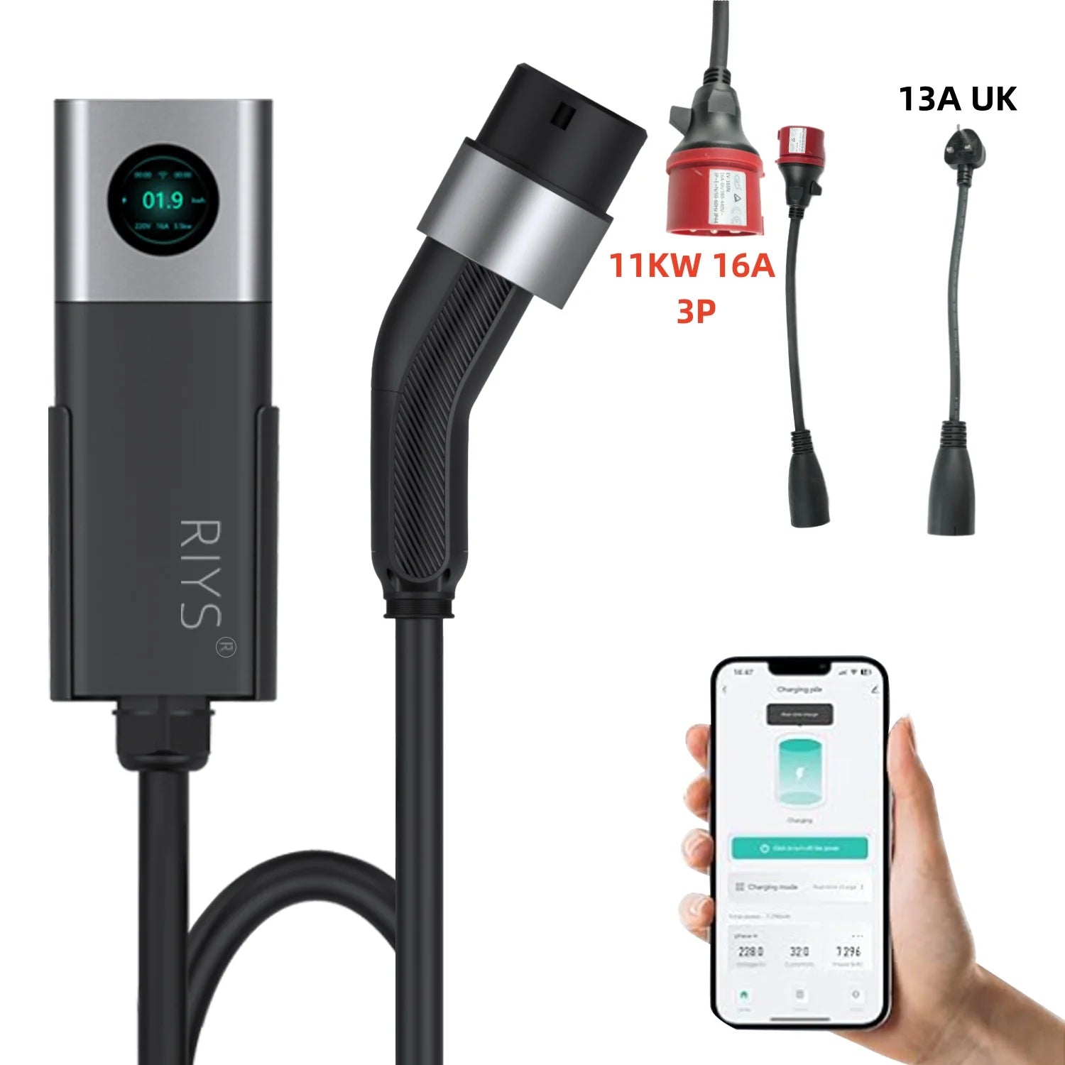 RIYS EV Charger Typ2 Cable 32 A 22 kW Dynamic Load Blancing EVSE Wallbox APP Function 11 kW 22 kW Charging Station Electric Car