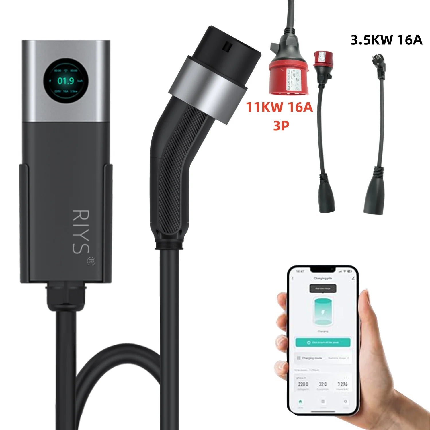 RIYS EV Charger Typ2 Cable 32 A 22 kW Dynamic Load Blancing EVSE Wallbox APP Function 11 kW 22 kW Charging Station Electric Car