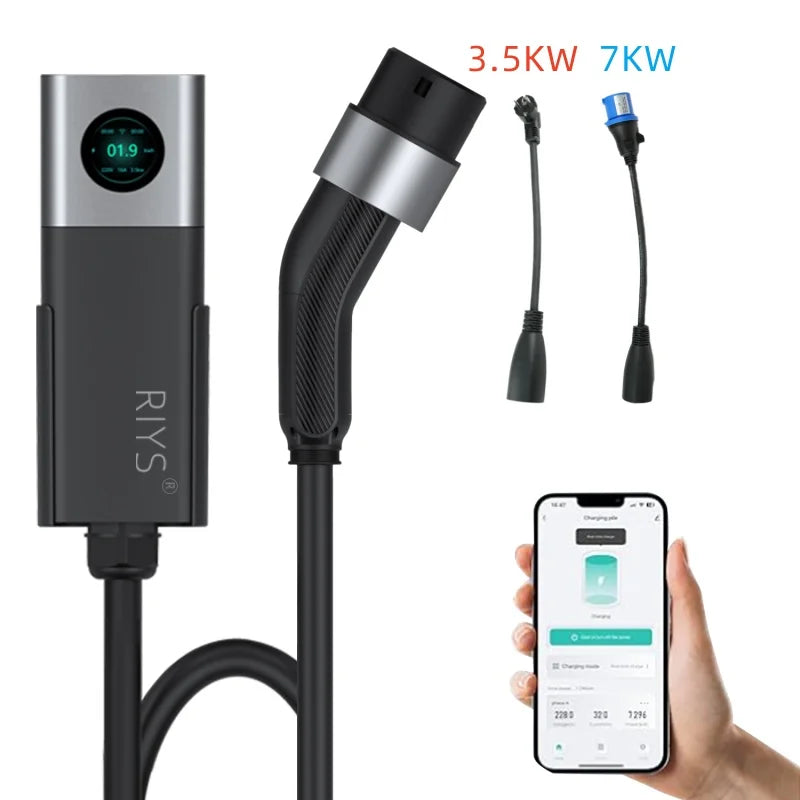 RIYS Portable Electric Vehicle Charger Type 2 32A 7KW  Wi Fi Application Adjustable Current Control Intelligent Synchronous Char