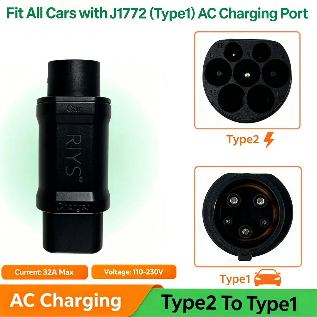 RIYS AC Charging Adapter Type2 To Type1 EV Charger Adapter Converter 32A Type2 to J1772 For Electric Vehicle Charging Adaptor