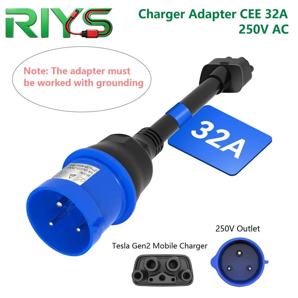 RIYS For Tesla model 3 pin CEE Adapter For Tesla Model X S Y Gen 2 EVCharger Extension Cord Connector Outlet 32A Charging Plug