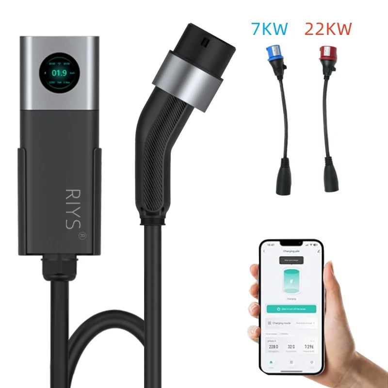 RIYS EV Charger Typ2 Cable 32 A 22 kW Dynamic Load Blancing EVSE Wallbox APP Function 11 kW 22 kW Charging Station Electric Car