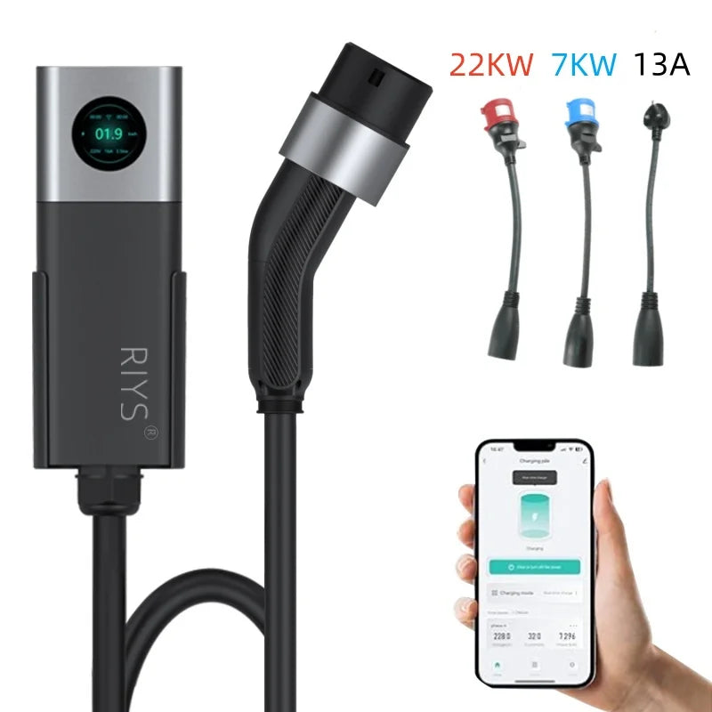 RIYS EV Charger Typ2 Cable 32 A 22 kW Dynamic Load Blancing EVSE Wallbox APP Function 11 kW 22 kW Charging Station Electric Car