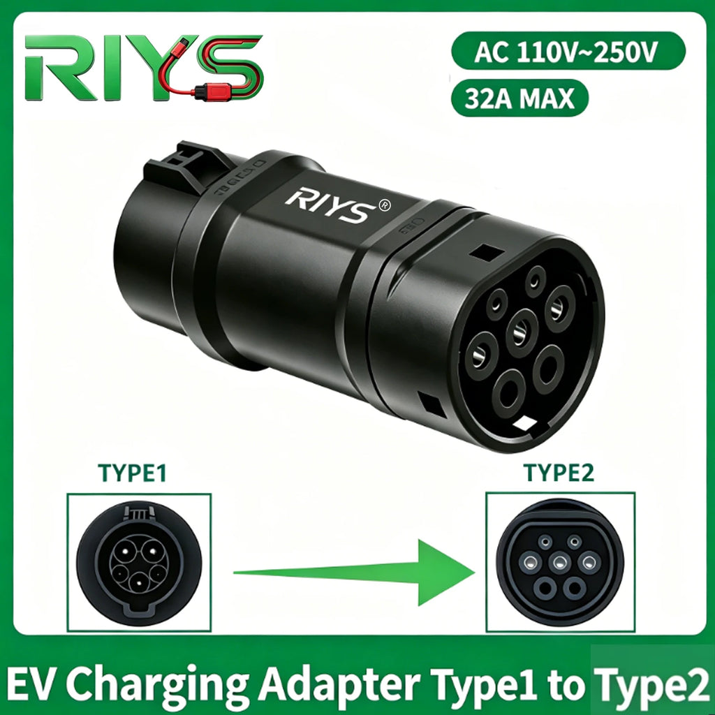 Type1 to Type2 Car Connector AC Adapter 250V 32A Max Fast Charging Electric Vehicle Charging Adapter J1772 to Type2 Charger