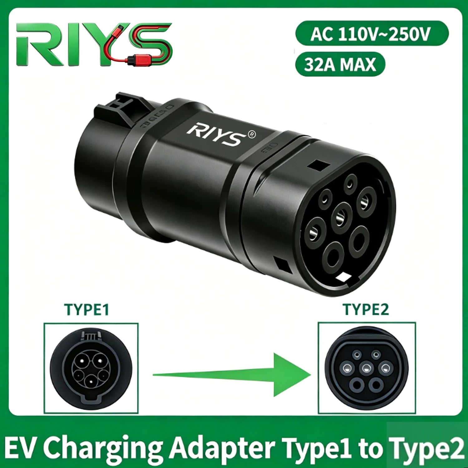 Type1 to Type2 Car Connector AC Adapter 250V 32A Max Fast Charging Electric Vehicle Charging Adapter J1772 to Type2 Charger
