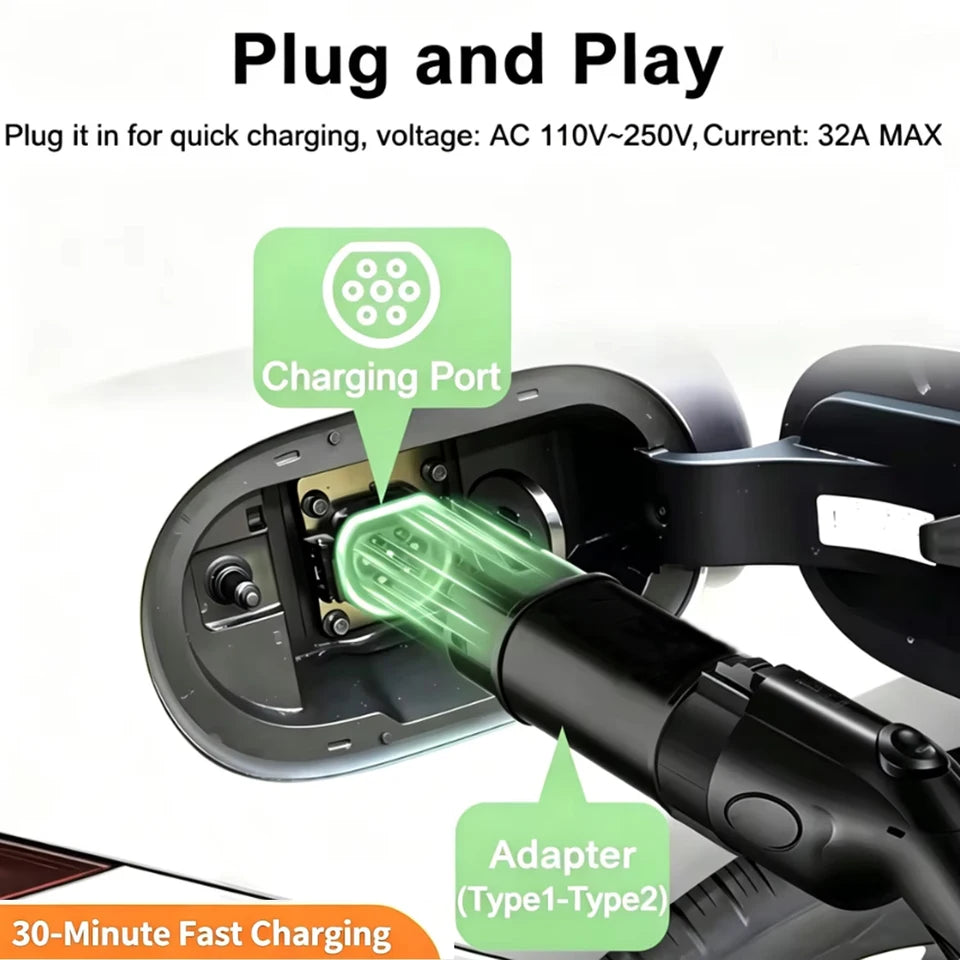 Type1 to Type2 Car Connector AC Adapter 250V 32A Max Fast Charging Electric Vehicle Charging Adapter J1772 to Type2 Charger